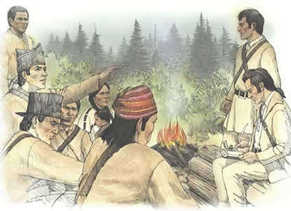 This is an artist’s depiction of the “The Vote” at Station Camp, when each member of the group had an equal voice in deciding where the expedition party would make winter camp.