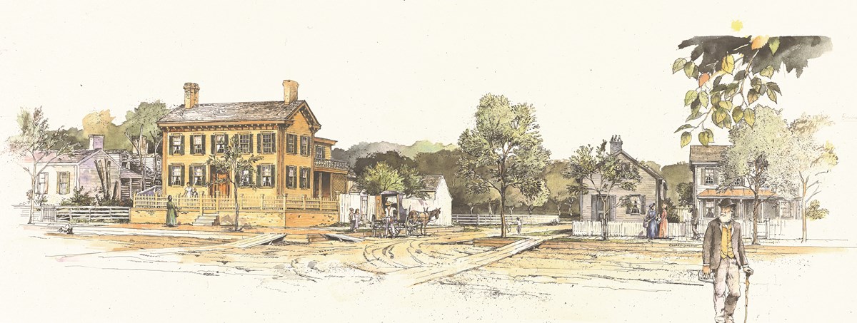 Watercolor painting of Lincoln home and surrounding houses and street