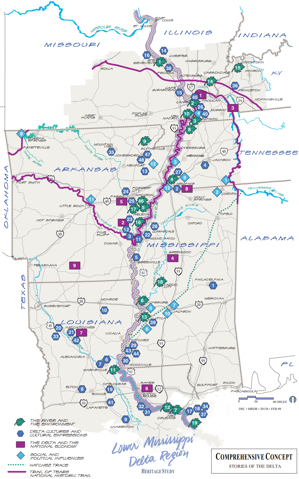 Map of locations of interest in the lower Mississippi Delta region