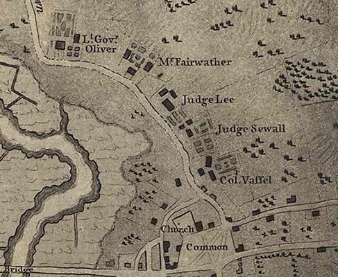 Detail of map showing five large estates along road parallel to river