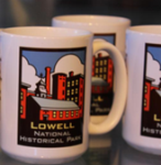 A collection of drinking mugs with a picture of a mill and the words Lowell National Historical Park written on them.