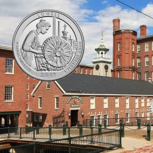 Boott Mills Complex with clocktower with inset image of the Lowell quarter