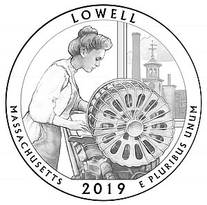 Reverse of the Lowell Quarter depicting a female worker at a loom with a view of the Boott Mills through the window.