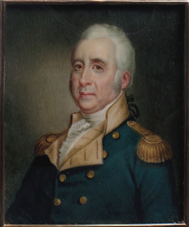 Painting of an older man in a late 18th century style military uniform of blue and buff.