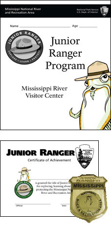 A cover of the Mississippi River Visitor Center booklet, Junior Ranger certificate and badge.