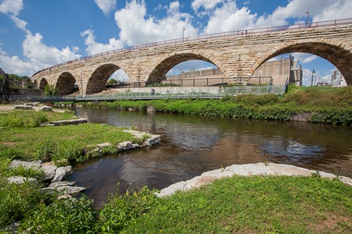 The Historic Stone Arch Bridge spans the Mississippi River.