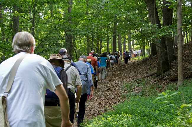 Visitors walk along a shaded trail in the forest at Monocacy National Battlefield.