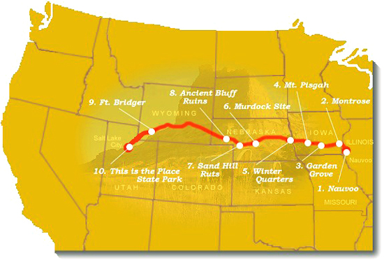 Map image of suggested trail sites to visit along the Mormon Pioneer NHT.