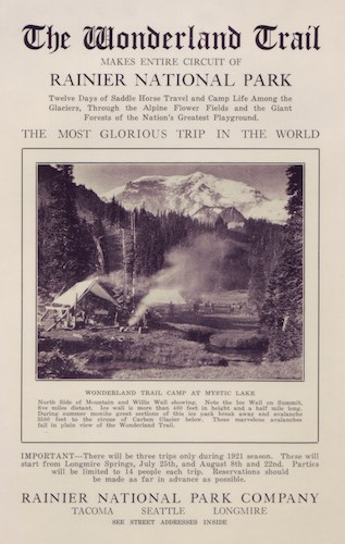 A bulletin with a photo of a campsite, wood fire burning, Mount Rainier in the background and text stating "The Wonderland Trail: The Most Glorious Trip In The World"