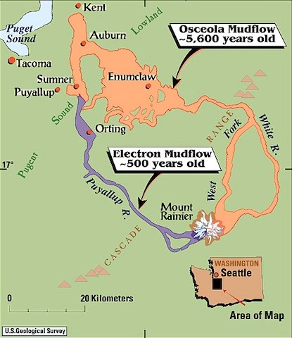 A graphic map showing the land covered by the Electron and Osceola mud flows originating from Mount Rainier.