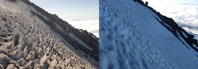 Snow forms numerous sharp points on a steep slope, pictured left; shallow bowl-shaped depressions covering a glacier's surface, pictured right.