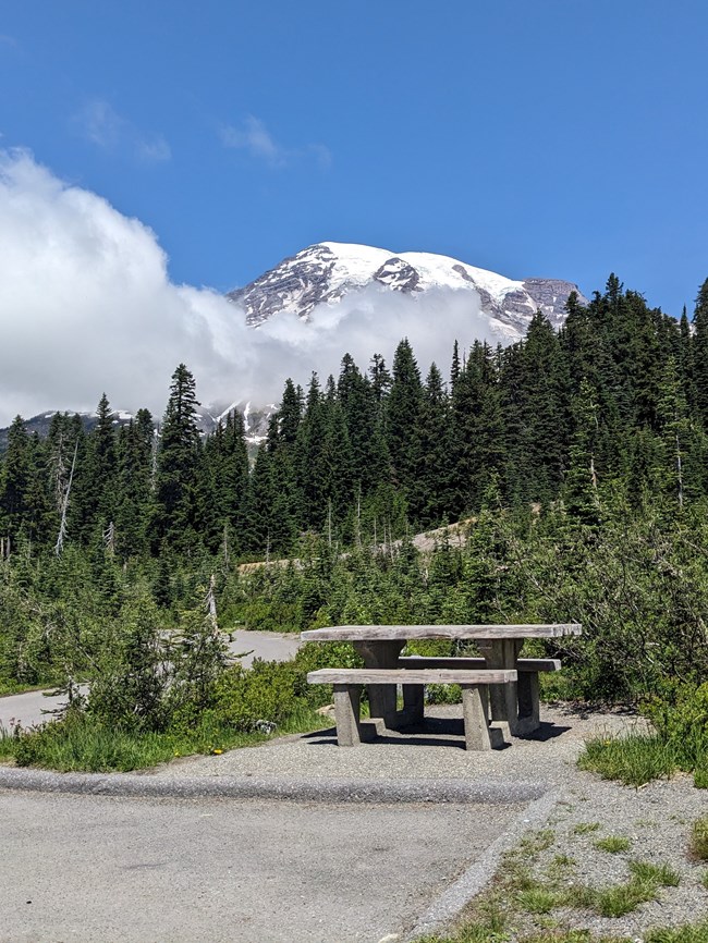 A wooden picnic table on asphalt with Mount Rainier and evergreen trees in the background