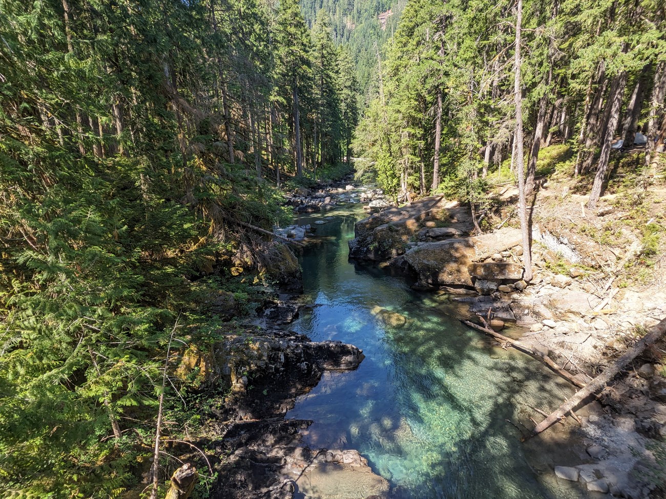 A shallow turquoise river flows through a rocky ravine, with steep banks covered with evergreen trees.