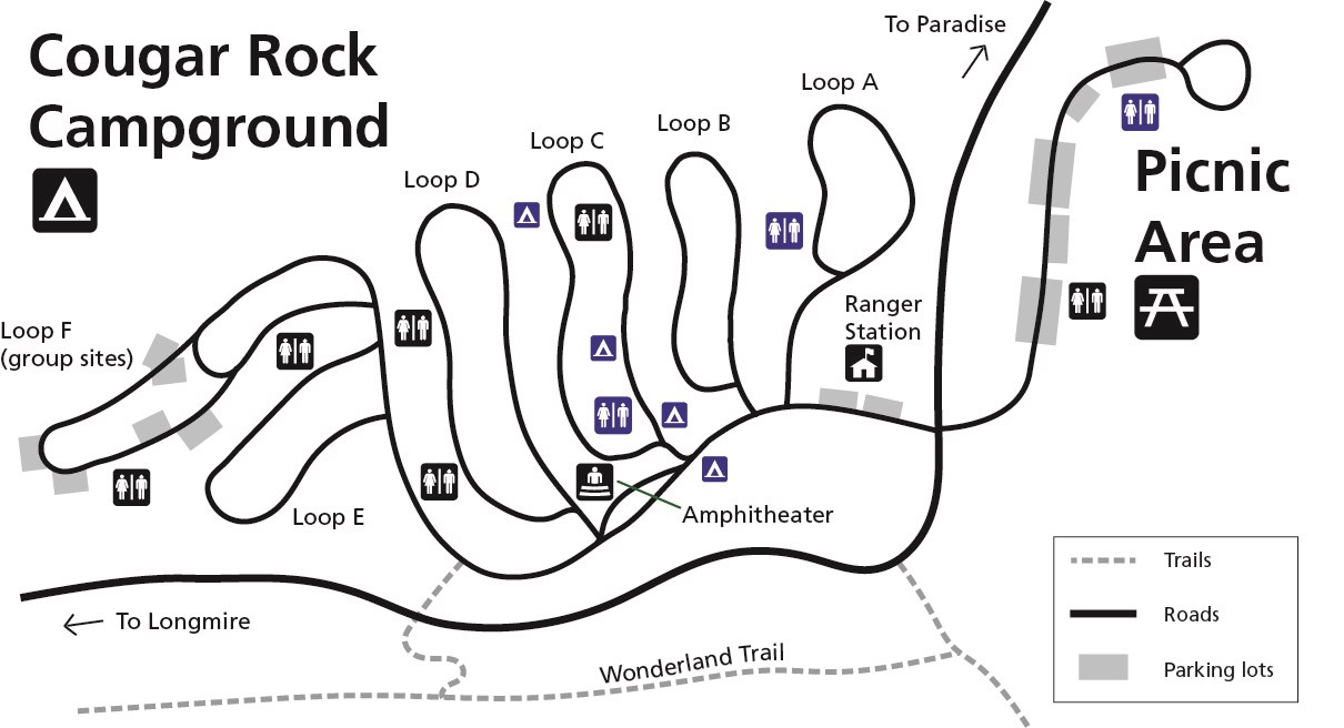 A simplified map showing accessible features at Cougar Rock Campground and Picnic Area