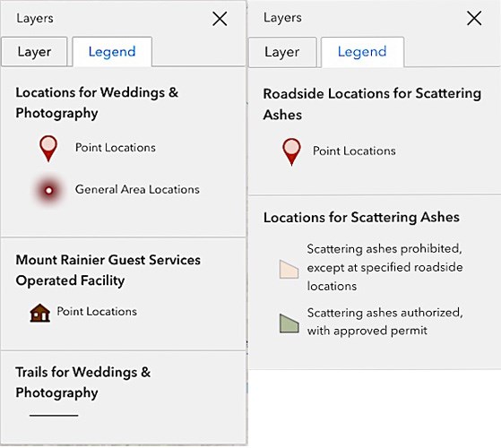 Map legends for special use locations for weddings, photography, and scattering ashes by point, general area, and trails.