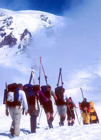 A line of skiers, carrying their skis, makes their way through the snow to Camp Muir.