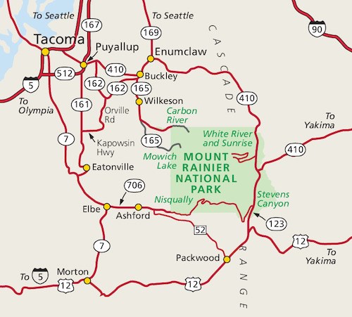A map showing the major roads and highways around Mount Rainier National Park.