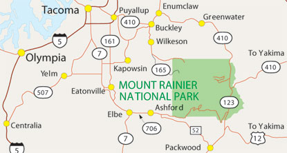 Map of region and roads to Mount Rainier.