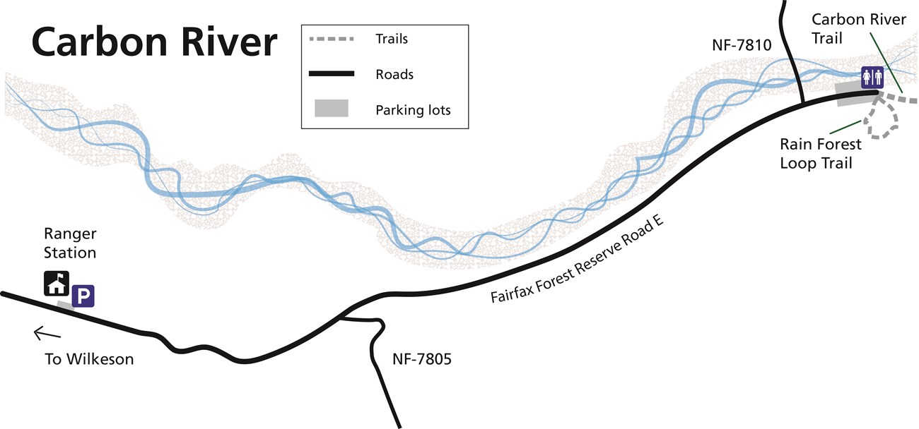 A simplified map highlighting accessible features at the Carbon River area.