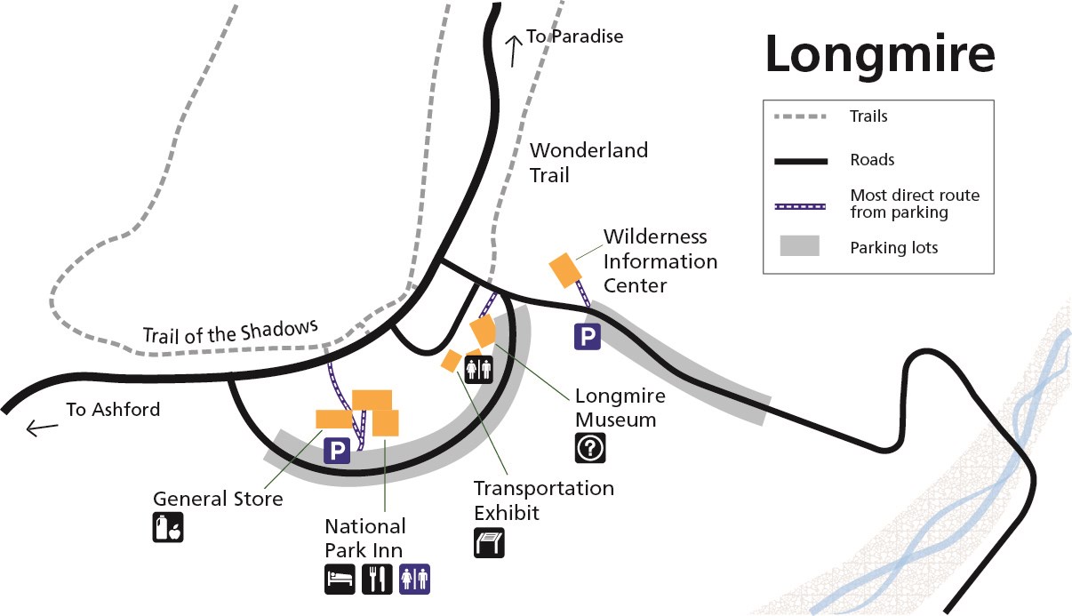 A simplified map of the Longmire area highlighting accessible features