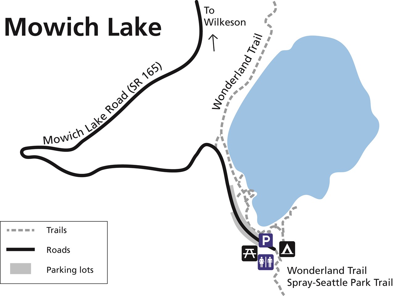 Simplified map of the accessible features at Mowich Lake.