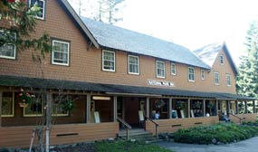 The National Park Inn, at Longmire, is a wooden building with a full-length porch.
