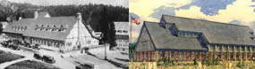Paradise Inn in the 1920's next to artist drawing of new Paradise Visitor Center.