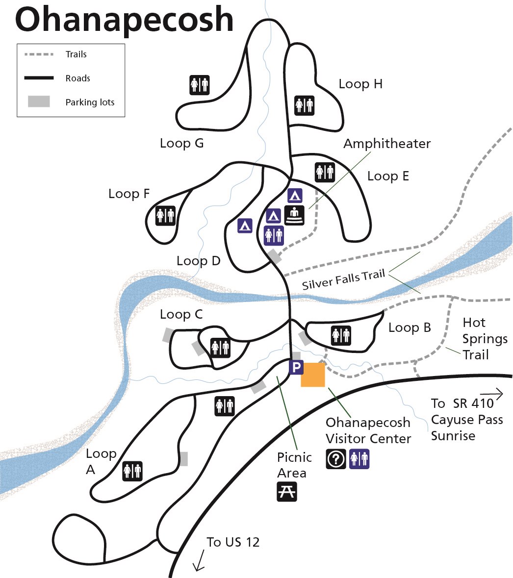 A simplified map of the accessible features at Ohanapecosh