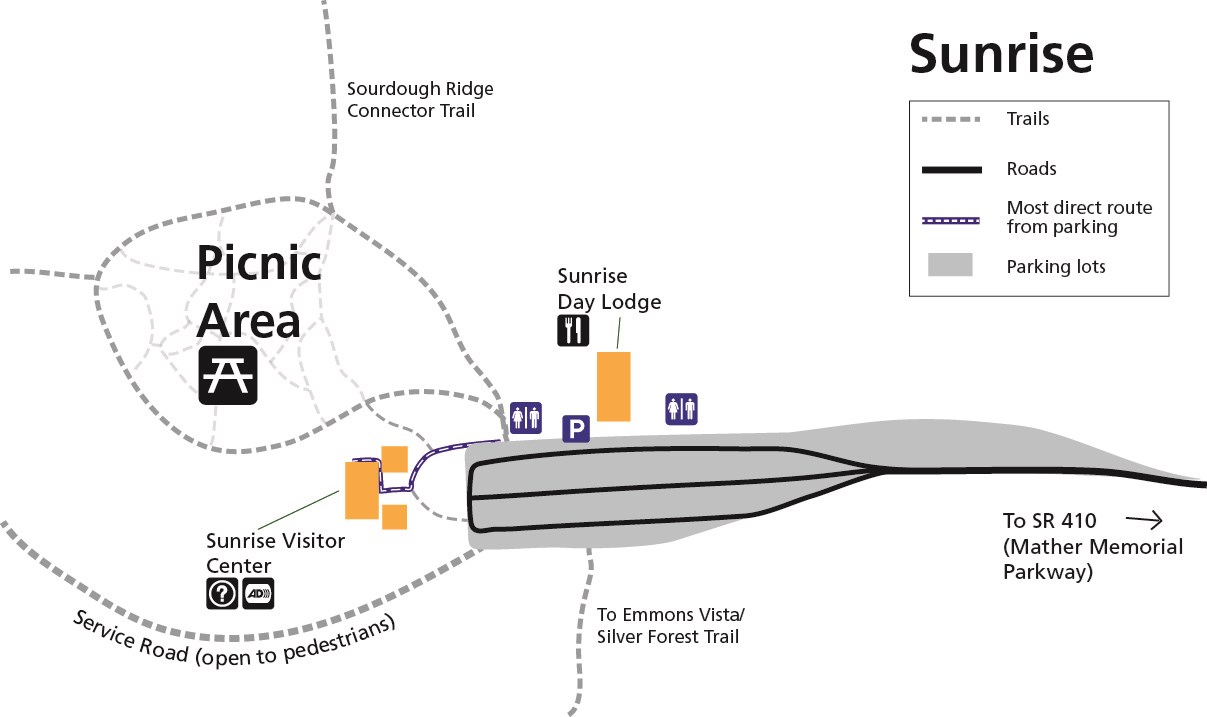 A simplified map of the Sunrise area highlighting accessible features