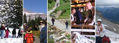 Five pictures show different visitor activities: winter fun, ranger programs, climbing, and hiking.