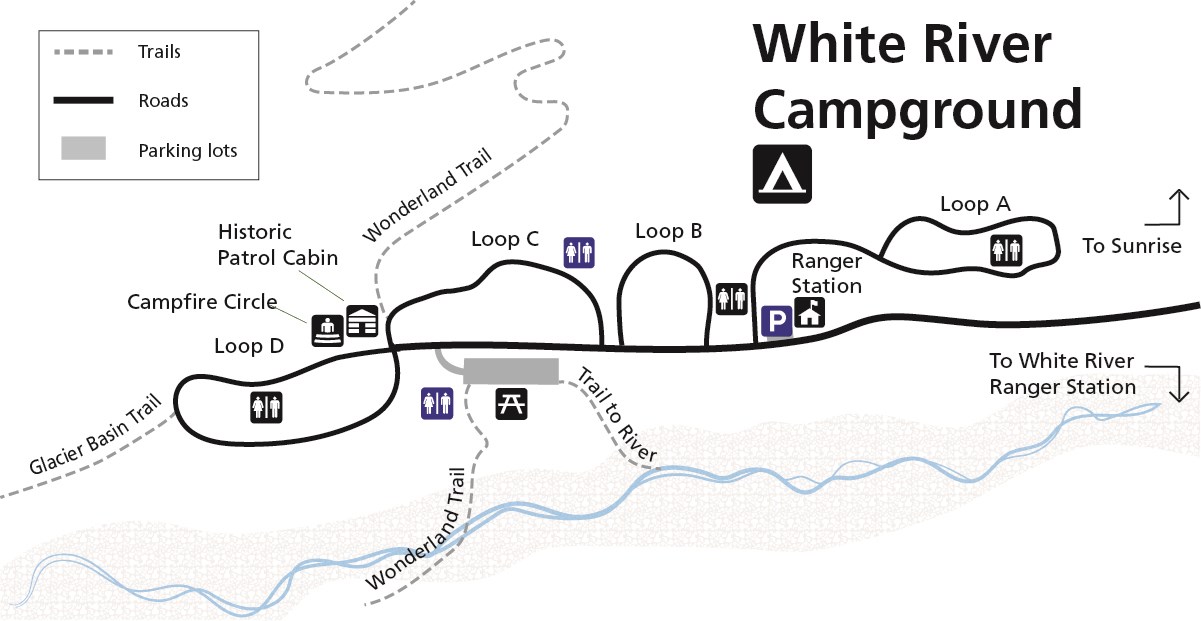 A simplified map of the White River Campground highlighting accessible features