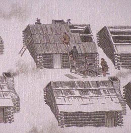 Soldiers building huts with deep snow on the ground. Soldiers building huts with deep snow on the ground.