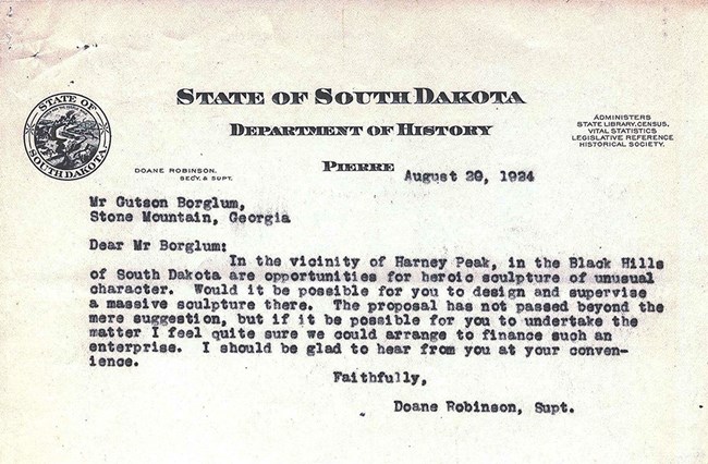 Image of the letter sent by Doane Robinson to Gutzon Borglum proposing a mountain carving in South Dakota.