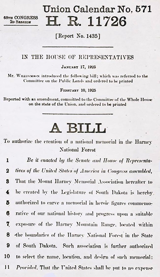 Image of H. R. 11726, the bill authorizing the creation of a national memorial at Mount Rushmore.