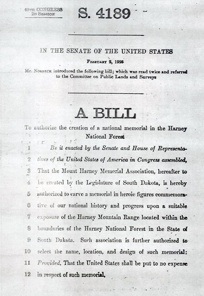Image of the first page of the United States Senate bill authorizing the construction of a national memorial in the Black Hills.