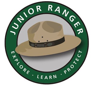 Circular Junior Ranger logo with a green band on the outside with the words Junior Ranger across the top and explore, learn and protect across the bottom.  A tan ranger hat with dark brown band is in the middle of the logo.