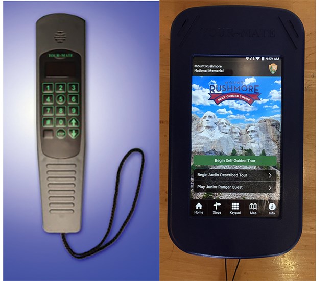 Photo of audio tour wand (left) and multimedia tour device (right).