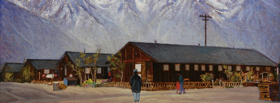 Image of painting titled Manzanar Barracks with Snow Covered Sierra Nevada Mountains