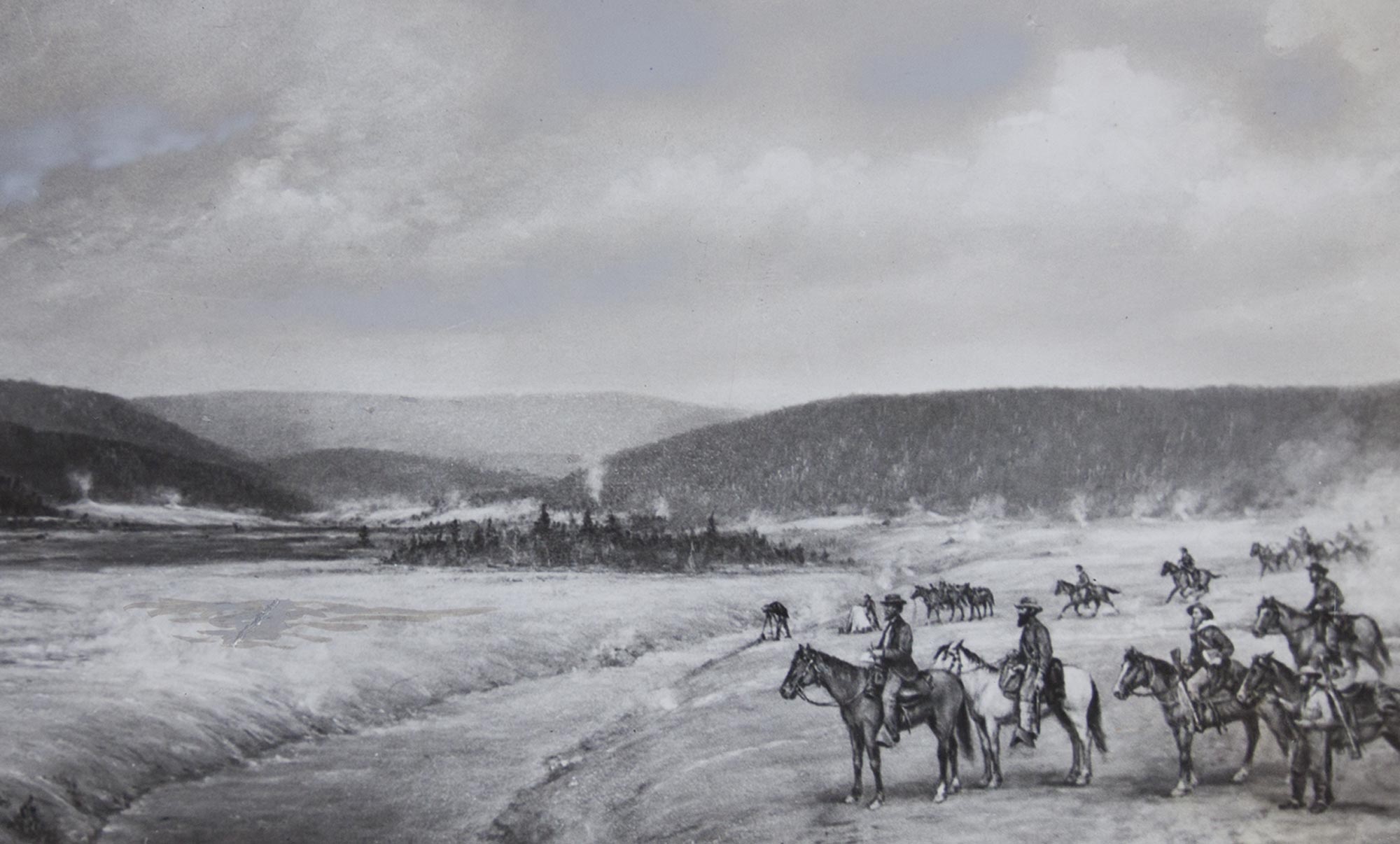 homas Moran (second from right on horseback, foreground) and William Henry Jackson (standing, middle ground) with Old Faithful in eruption in the background