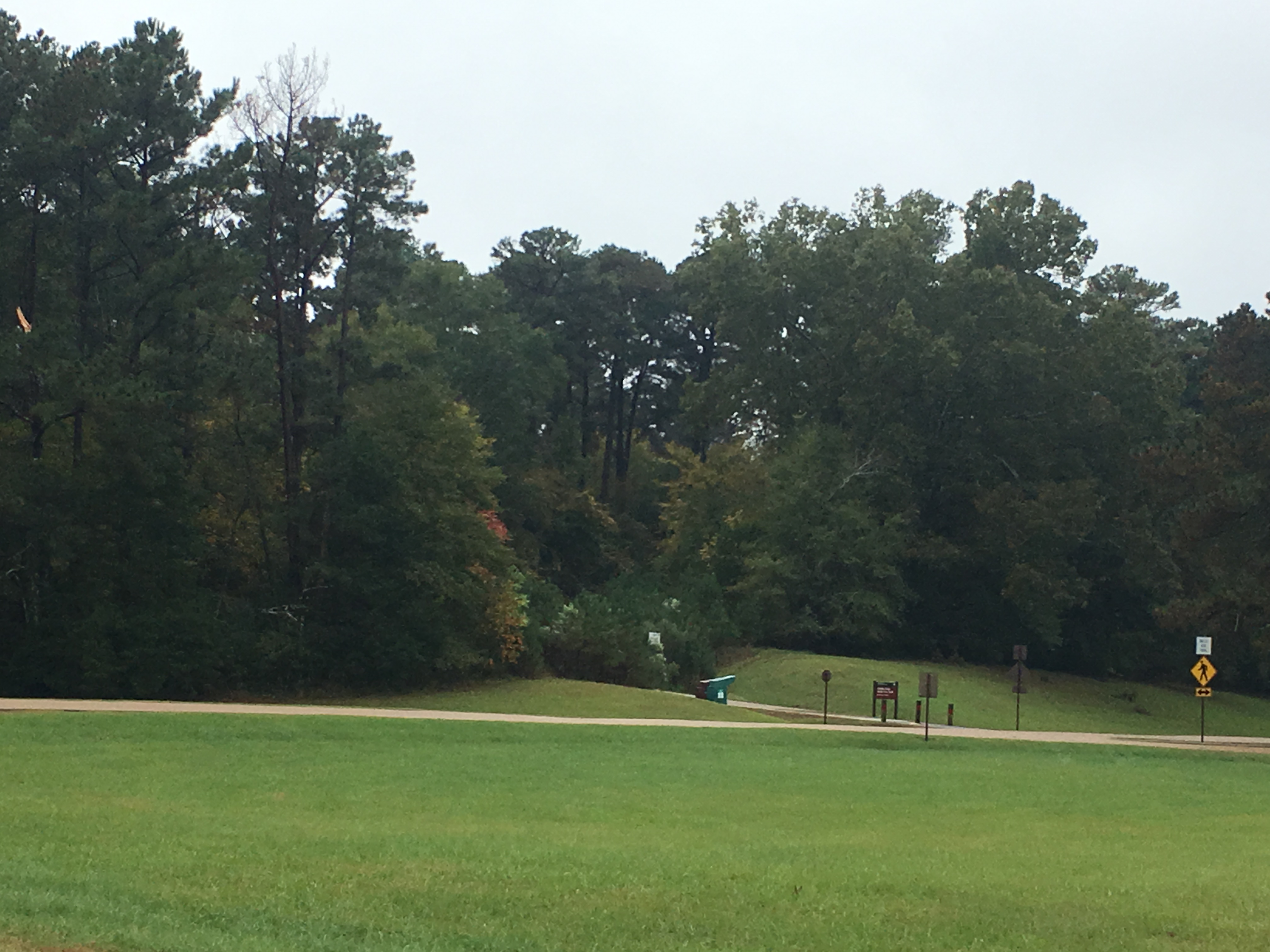 the entrance to a narrow paved trail meanders in the distance with short green grass in the foreground.