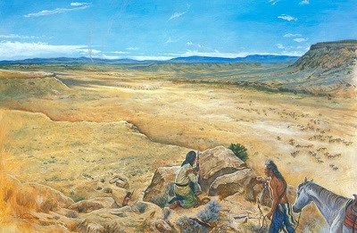 A painting that depicts two Nez Perce on top of a canyon looking down on the cavalry below.