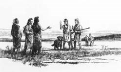 A sketch of two white men and a dog meeting three Nez Perce males.