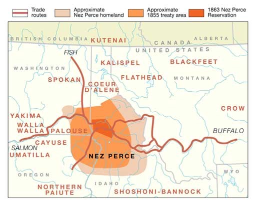 A map that shows the approximate Nez Perce homeland and its reduced land due to the 1855 and 1863 treaties.