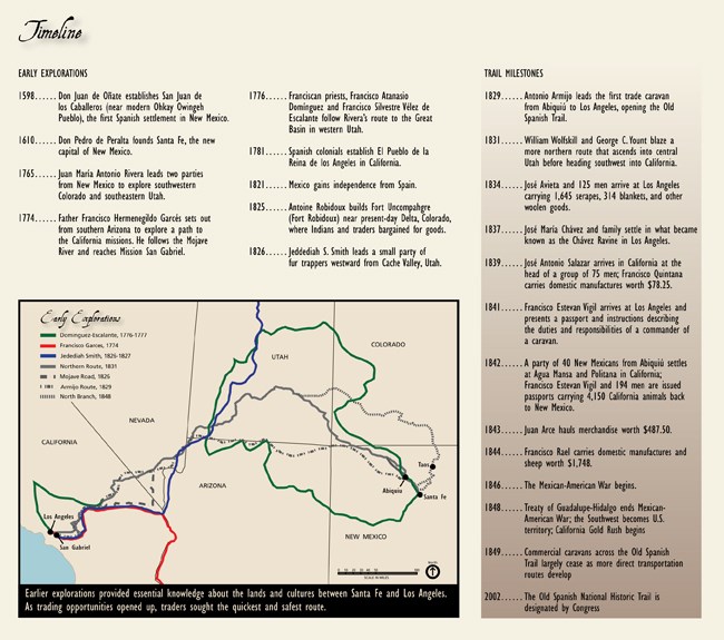 A picture of the available Old Spanish Trail brochure, with a map depicting a trail from Santa Fe NM to Los Angeles CA.