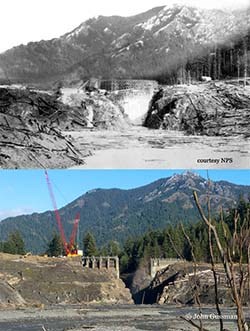 View of the Glines Canyon Dam during constuction and from approximately the same location eighty-six years later