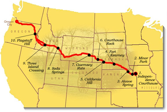 Map image of suggested sites to visit on the Oregon National Historic Trail.
