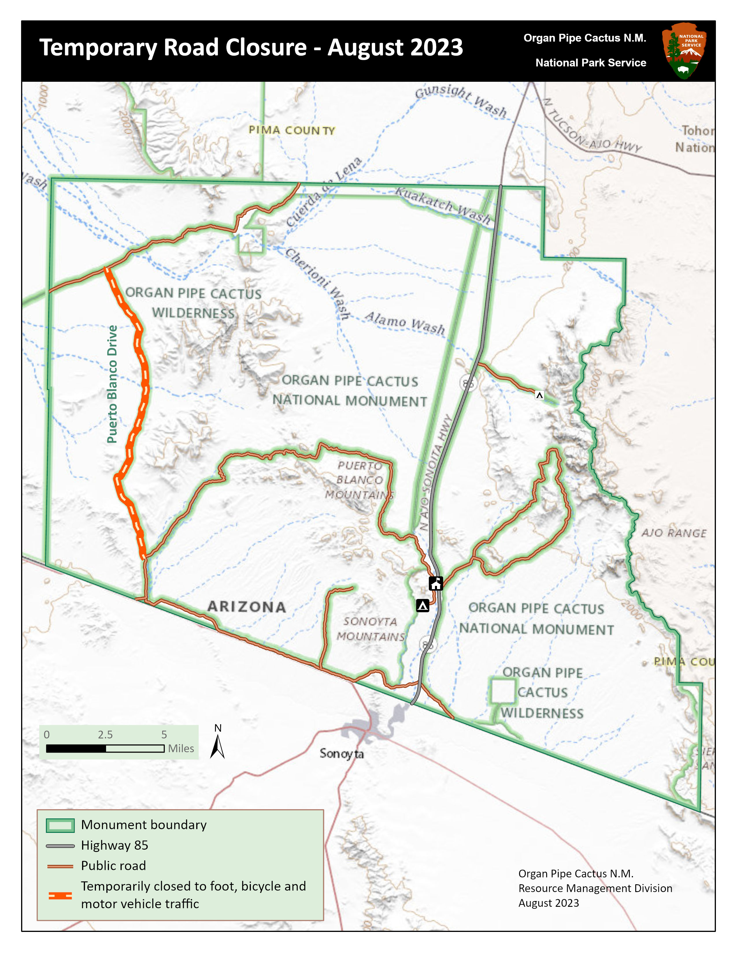 Map of Organ Pipe Cactus National Monument.  Title: Temporary Road Closure-Aug 2023. Puerto Blanco Drive from intersection north to where it ends is marked in orange indicating "temporarily closed to foot, bicycle, and motor vehicle traffic"