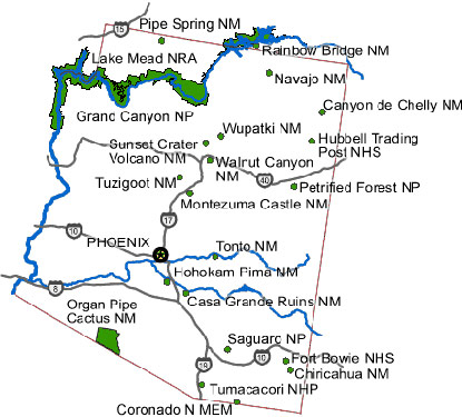 map showing all NPS sites in Arizona