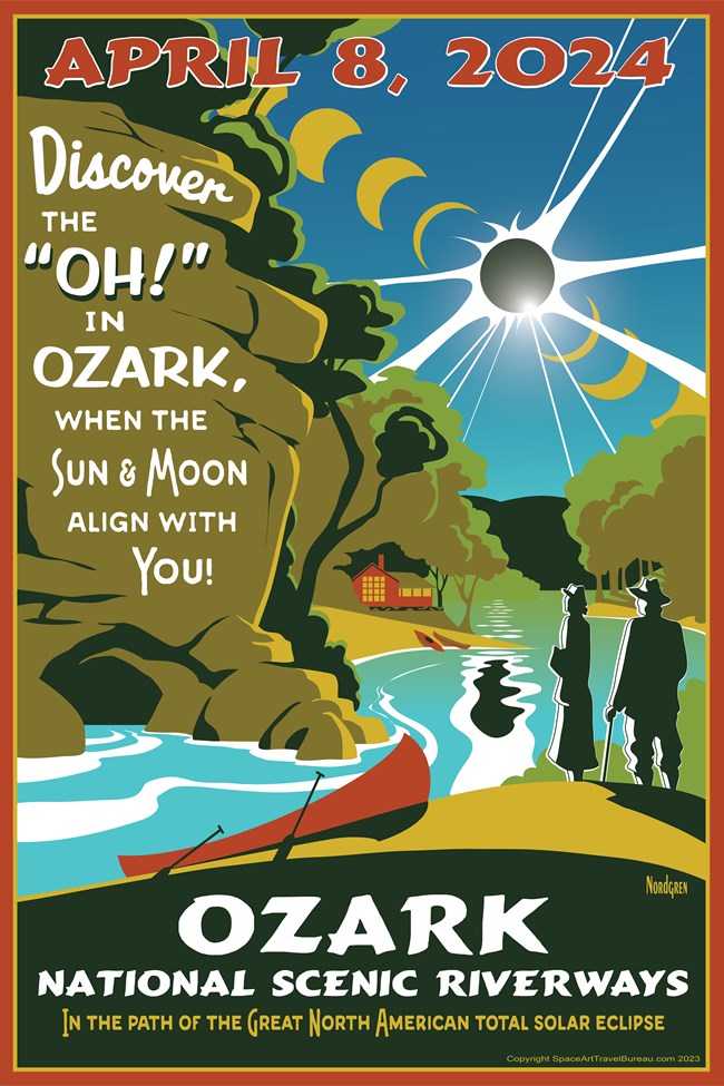 A graphic poster showing the Big Spring Lodge and Current River under the eclipse. Text reads "Discover the 'OH!' in Ozark, when the sun and moon align with you!"