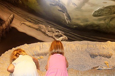 Two kids play in the faux dig at Rainbow Forest Museum